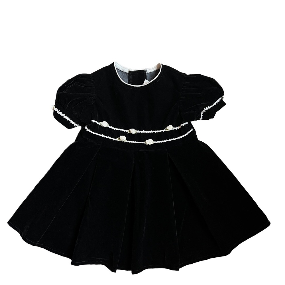 Vintage Black Velvet Dress with White Trim